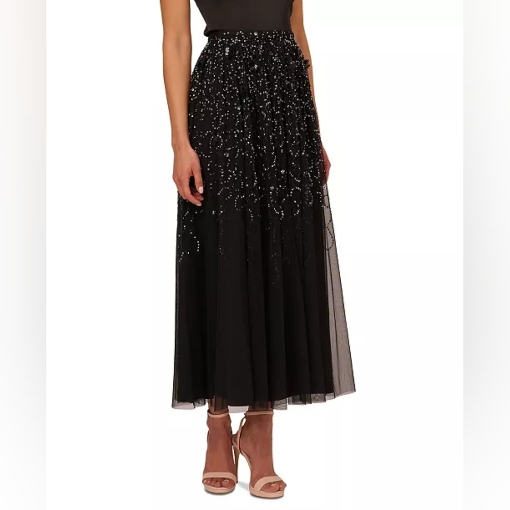 Adrianna Papell Black Women's Beaded Mesh Midi Skirt - Size 14 - New With Tags